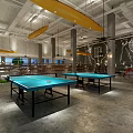 Industrial Style Café Interior Design With Wooden Tables Chairs Green Plants And Hanging Lights