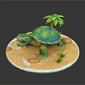 Green Turtle With Blue Shell On Sandy Ground Near Palm Tree Small Stones And Grass