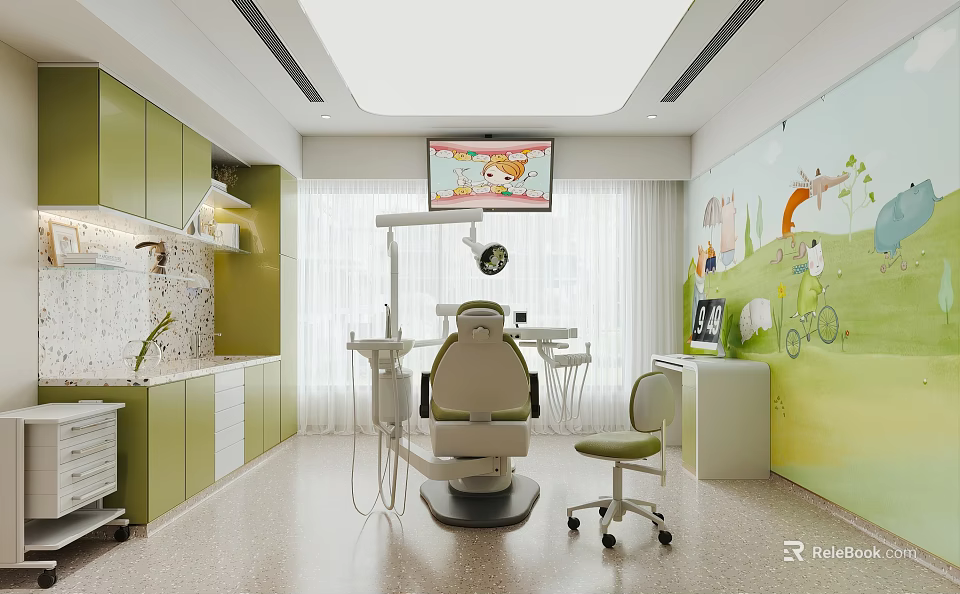 Pediatric Dental Clinic Interior With Dental Chair Green Cabinets And Cartoon Mural 3d model 
