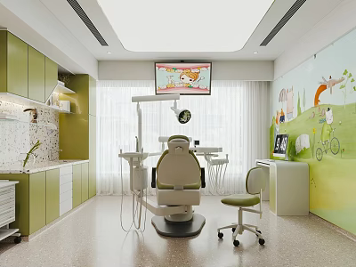 Pediatric Dental Clinic Interior With Dental Chair Green Cabinets And Cartoon Mural 3d model
