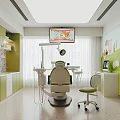 Pediatric Dental Clinic Interior With Dental Chair Green Cabinets And Cartoon Mural