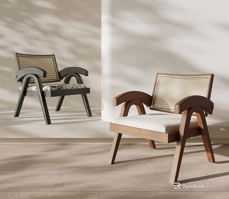 Modern Leisure Chair With Curved Wooden Armrests Woven Rattan Seat And White Cushion 3d model 
