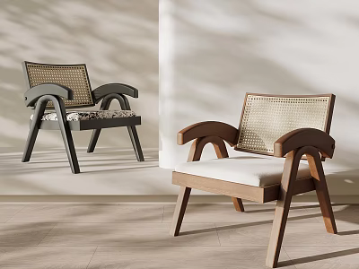 Modern Leisure Chair With Curved Wooden Armrests Woven Rattan Seat And White Cushion 3d model