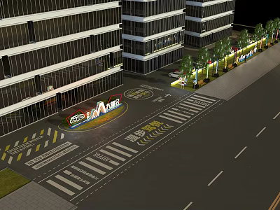 Modern Urban Photo Spot With High Rise Buildings Circular Sign And Street Lights 3d model