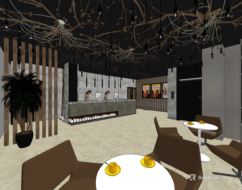 Modern Shop Front Desk Reception Area With Decorative Lights Green Plants Seating And Warm Lighting 3d model 