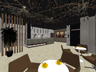 Modern Shop Front Desk Reception Area With Decorative Lights Green Plants Seating And Warm Lighting 3d model