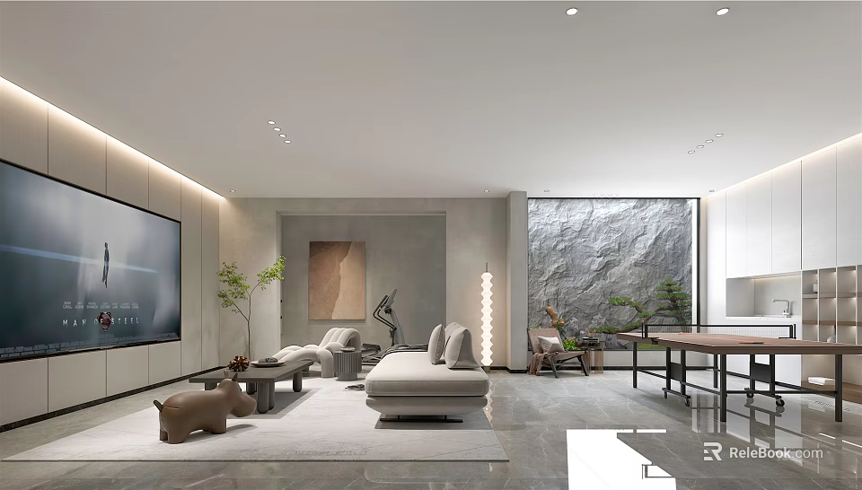 Modern Basement Living Room Interior With Sofa Rug Artwork And Green Plants 3d model 