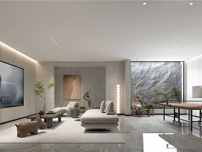 Modern Basement Living Room Interior With Sofa Rug Artwork And Green Plants 3d model
