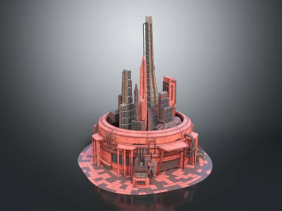 Cartoon Building Complex Scene With Round Base Tall Towers Red Tones And Checkerboard 3d model