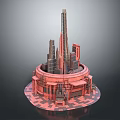 Cartoon Building Complex Scene With Round Base Tall Towers Red Tones And Checkerboard