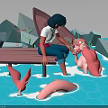 Girl Sitting On Bench Interacting With Pink Creature In Water With Geometric Mountains