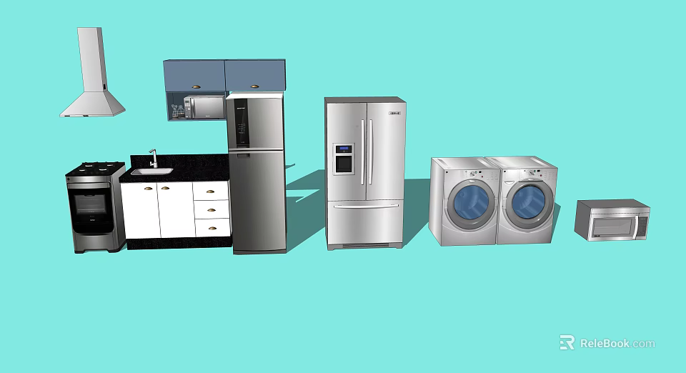 Stainless Steel Kitchen Appliances With Refrigerator Stove Microwave And Dishwasher 3d model 