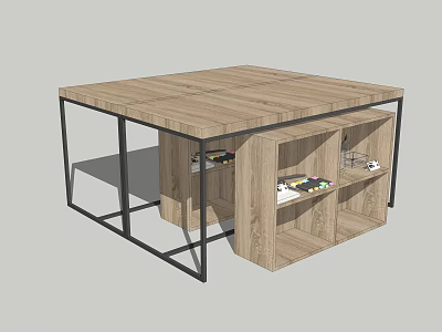 Modern Display Shelf With Wooden Top Black Metal Frame And Open Storage Compartments 3d model