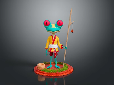 Anthropomorphic Red Eyed Frog In Yellow Red Kimono With Long Staff On Grass Base 3d model