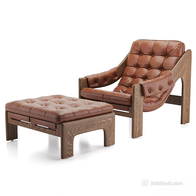 Brown Leather Button Tufted Leisure Chair With Wooden Frame And Matching Ottoman 3d model 