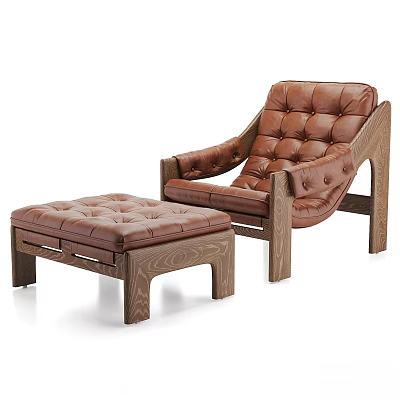Brown Leather Button Tufted Leisure Chair With Wooden Frame And Matching Ottoman 3d model