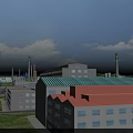 Industrial Factory Complex With Multiple Buildings Green Orange Roofs Chimneys Blue Sky And Green Grass