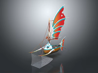 Colorful Sailboat With Red And Blue Sails Wooden Hull And Fishing Net 3d model