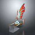 Colorful Sailboat With Red And Blue Sails Wooden Hull And Fishing Net