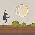 Bonsai Potted Plants With Green Moss On Wooden Base Monkey Statue And Round Glowing Moon