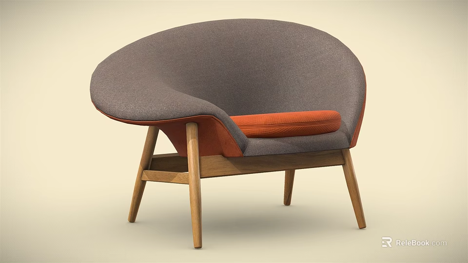 Modern Single Seater Sofa Featuring Gray Upholstery Orange Cushion And Wooden Legs 3d model 