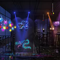 Contemporary Bar Interior Design With Colorful Lighting High Stools Bar Counter And Geometric Ceiling