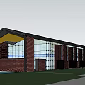 Modern Red Brick Building With Large Glass Windows Yellow Black Roof Lawn And Water Pool