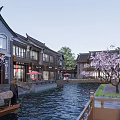 Traditional Chinese Commercial Landscape With Classical Roofs Outdoor Seating And Red Umbrellas Along Water Channel