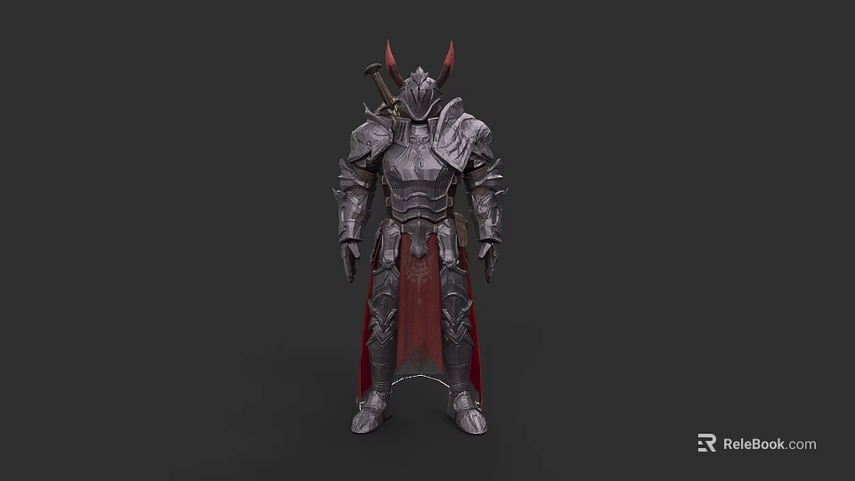 Woman Wearing Fantasy Metallic Armor With Red Horns And Red Cape 3d model 