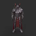 Woman Wearing Fantasy Metallic Armor With Red Horns And Red Cape