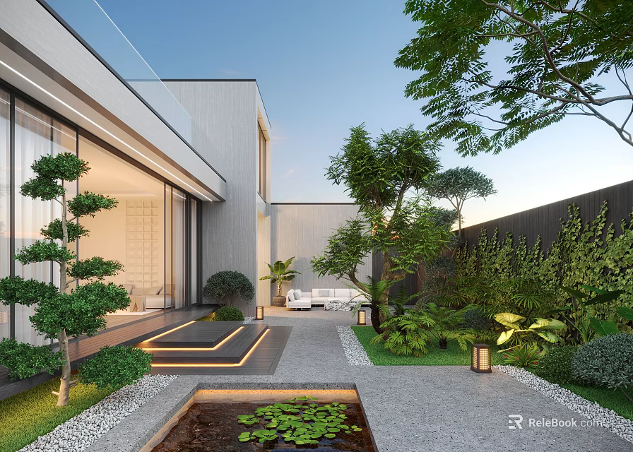 Modern Courtyard Garden With Water Pond Lush Greenery Lantern Lighting And Stone Pathway 3d model 