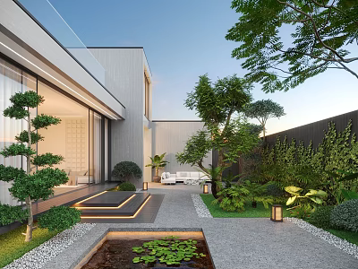 Modern Courtyard Garden With Water Pond Lush Greenery Lantern Lighting And Stone Pathway 3d model