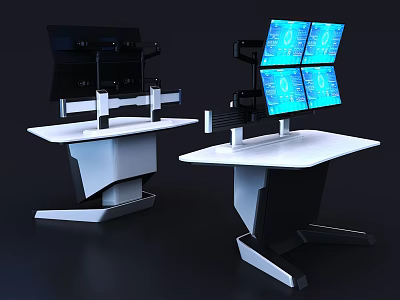 Modern Dual Workstations With Multiple Blue Display Screens And Ergonomic Stands 3d model