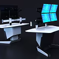 Modern Dual Workstations With Multiple Blue Display Screens And Ergonomic Stands 3d model