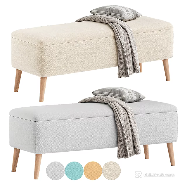 Beige And Gray Lazy Sofa With Striped Blanket And Pillow Wooden Legs And Color Options 3d model 