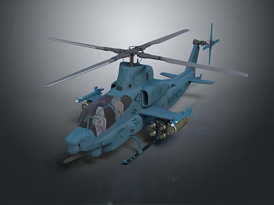 Military Attack Helicopter Weapon Platform With Blue Gray Fuselage Rotor System And Machine Gun Mounts 3d model