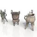 Ancient Bronze Sculptures With Three Legs And Intricate Carvings On White Background