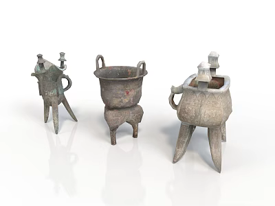 Ancient Bronze Sculptures With Three Legs And Intricate Carvings On White Background 3d model