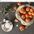 Ceramic Bowl With Fresh Oranges Coffee And Cinnamon Sticks On Dark Tabletop With Green Leaves