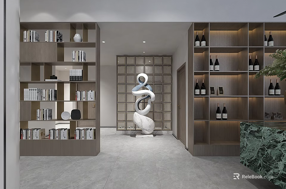 Modern Minimalist Sales Office Interior Design With Abstract Art Sculpture And Custom Wooden Display Shelves 3d model 