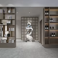 Modern Minimalist Sales Office Interior Design With Abstract Art Sculpture And Custom Wooden Display Shelves