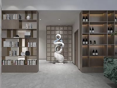 Modern Minimalist Sales Office Interior Design With Abstract Art Sculpture And Custom Wooden Display Shelves 3d model
