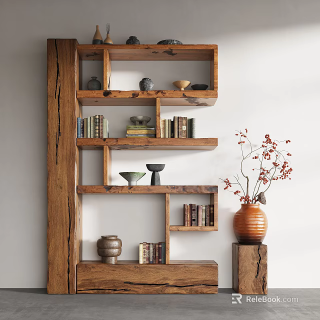 Rustic Multi tiered Wooden Shelving Unit Displaying Books Decorative Pots and Flower Vase 3d model 