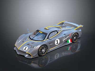 Sleek Gray Race Car With Yellow Stripes Number 1 And Italian Flag Accents 3d model