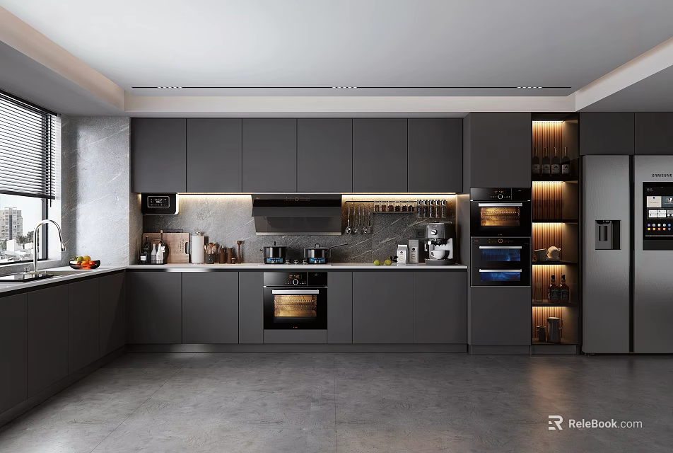 Modern Kitchen Interior With Gray Cabinets Built-in Stove Oven Window And Gray Flooring 3d model 