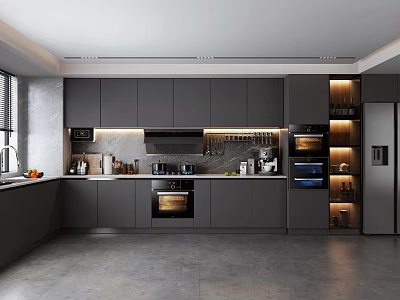 Modern Kitchen Interior With Gray Cabinets Built-in Stove Oven Window And Gray Flooring 3d model