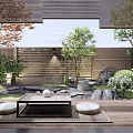 Japanese Courtyard Garden With Stone Lantern Raked Gravel Wooden Deck Lush Greenery And Sliding Screens