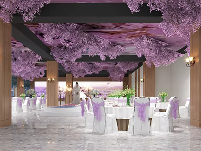 Elegant Banquet Hall With Purple Floral Ceiling Decor White Tables Chairs And Green Plants 3d model