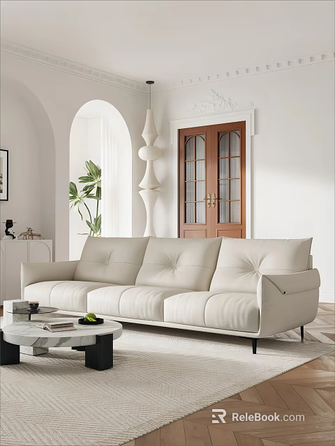 Minimalist Living Room Beige Sofa And Coffee Table Set With Books Green Fruit Plant 3d model 
