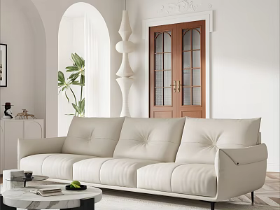 Minimalist Living Room Beige Sofa And Coffee Table Set With Books Green Fruit Plant 3d model